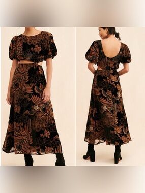 Anthropologie Let Me Be Burnout Velvet Cutout Maxi Dress black brown size SP